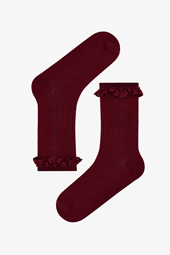 Bordo Duman Şık Dantelli Pamuklu 2 Çift Soket Çorap - 3