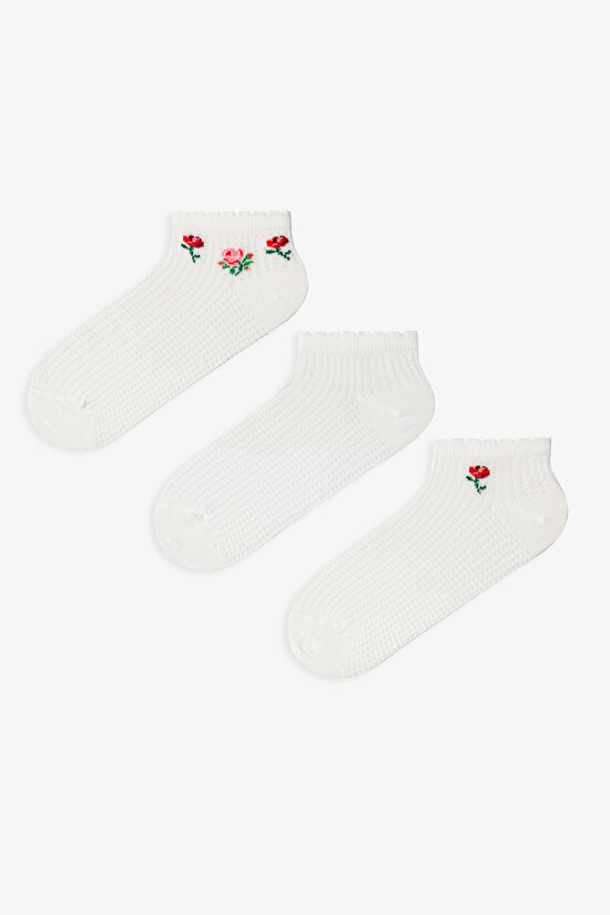 3 Çift Pamuklu Çiçek Desenli Fırfırlı Patik Çorap - 1