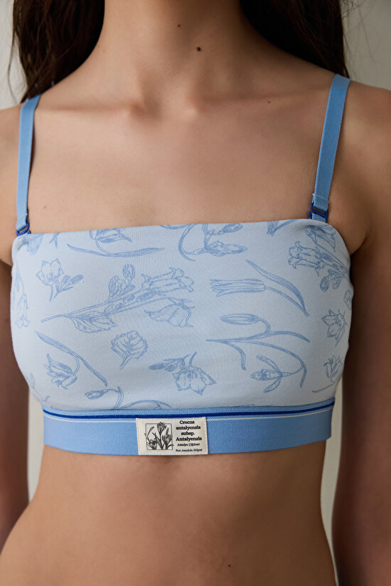 Açık Mavi Çiçek Desenli Pamuklu Balensiz Bandeau Sütyen - Inspired by Flora - 3