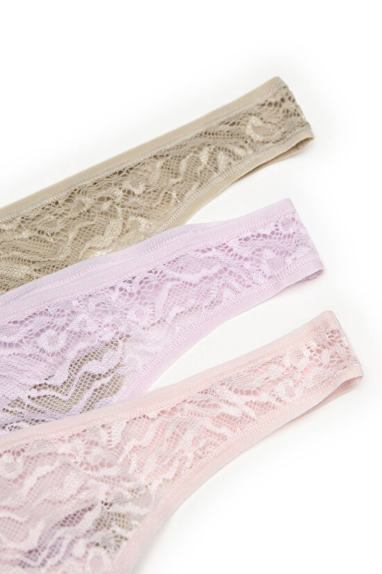 Natural Tones Dantel Detaylı Pamuklu 3lü Çok Renkli Tanga Külot - 9