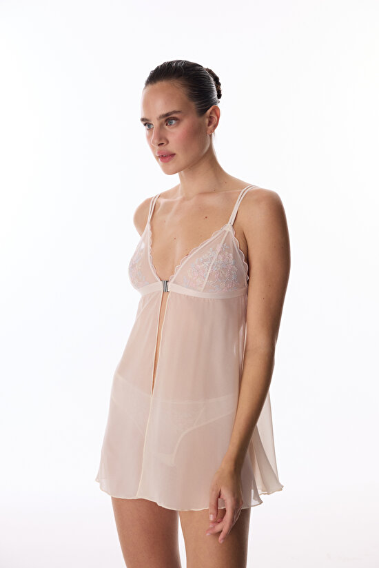 Bej Front Opening Broderie Babydoll - 3