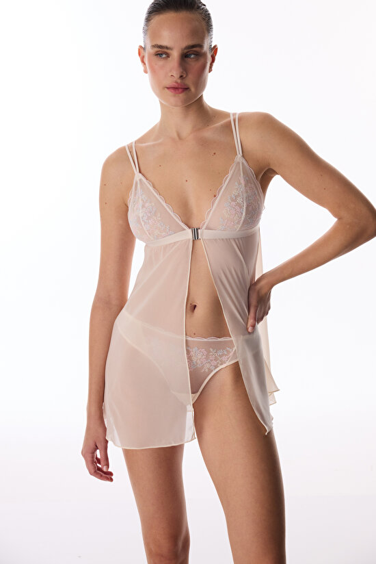 Bej Front Opening Broderie Babydoll - 4