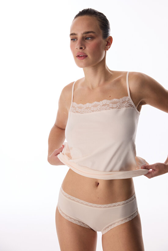 Beige Cotton Lace Square Neck Tank - 2