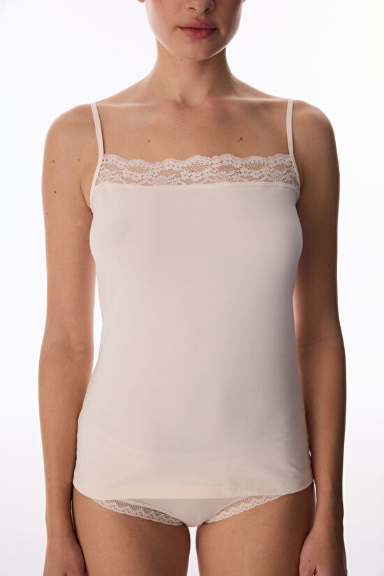 Beige Cotton Lace Square Neck Tank - 3
