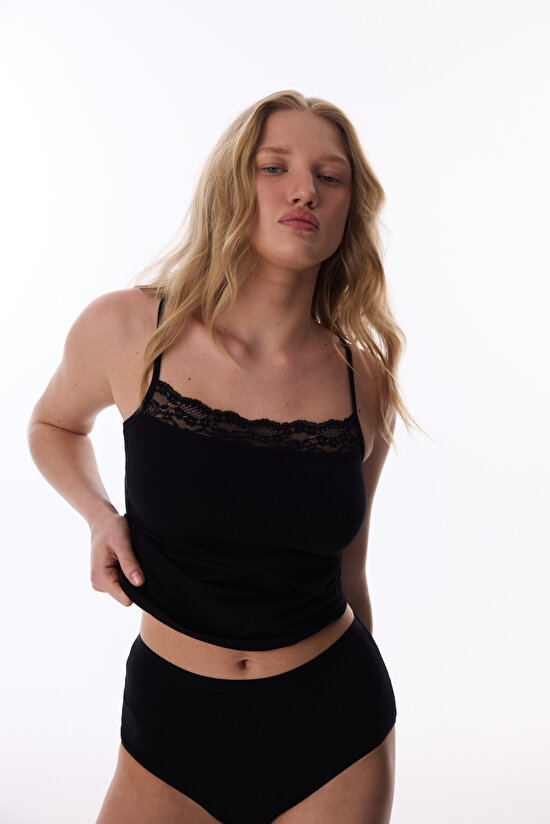 Black Cotton Lace Square Neck Tank - 2