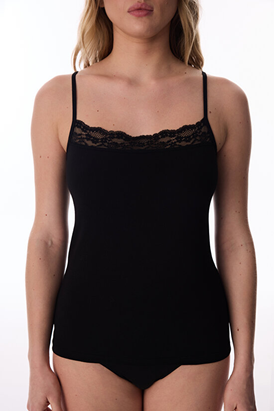 Black Cotton Lace Square Neck Tank - 3