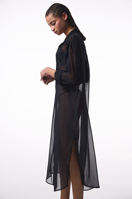 Siyah Iyos Şifon Uzun Kollu Maxi Gömlek - 3