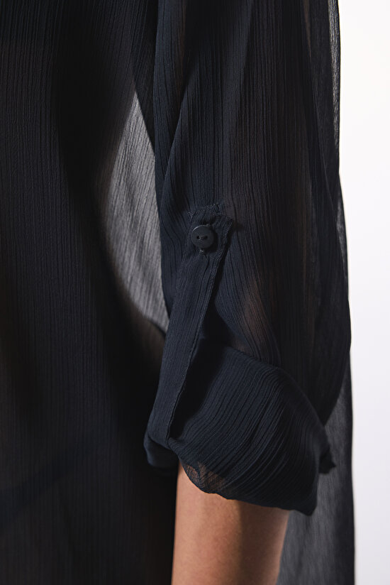 Siyah Iyos Şifon Uzun Kollu Maxi Gömlek - 5