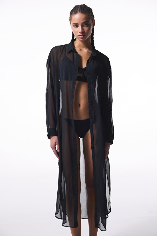 Siyah Iyos Şifon Uzun Kollu Maxi Gömlek - 6