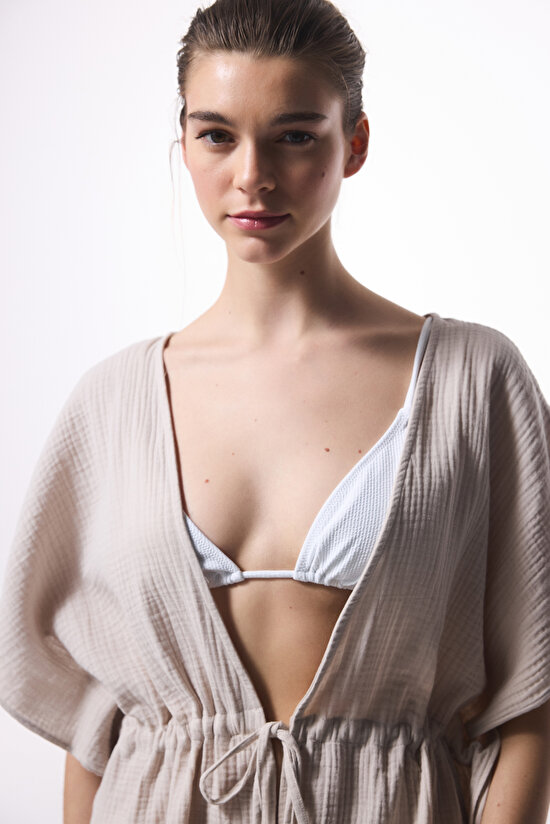 Taş Rengi Jambo Müslin V Yaka Mini Oversize Kaftan - 3