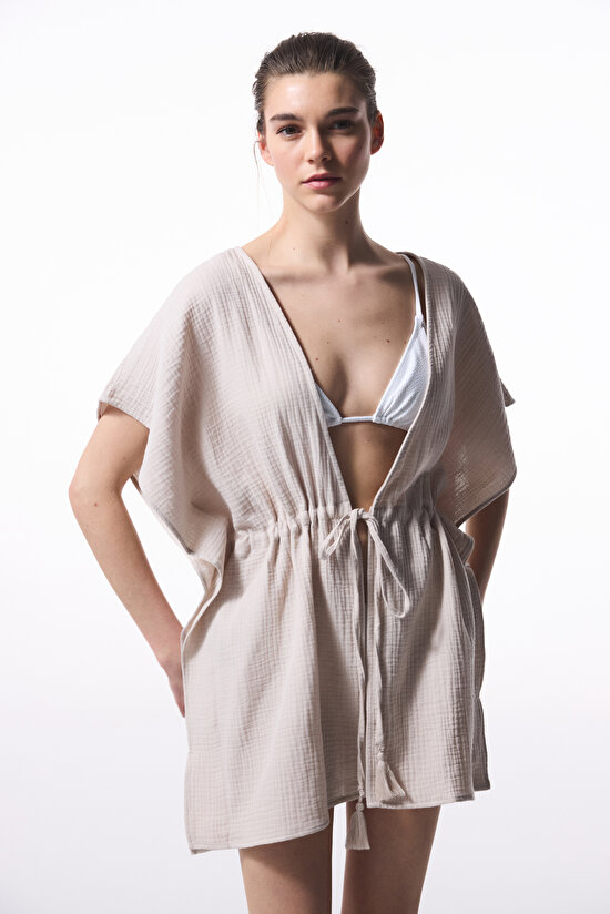 Taş Rengi Jambo Müslin V Yaka Mini Oversize Kaftan - 4