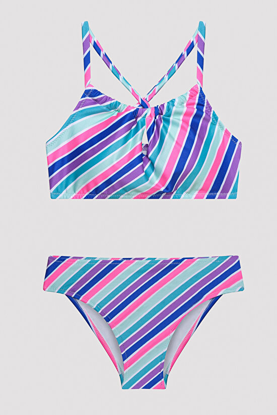 Genç Kız Colorful Stripe Halter Bikini Takımı - 1