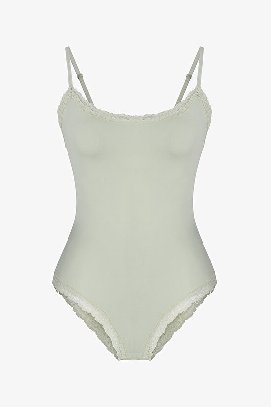Mint Yeşili Lace Dantel Detaylı Bodysuit - 1