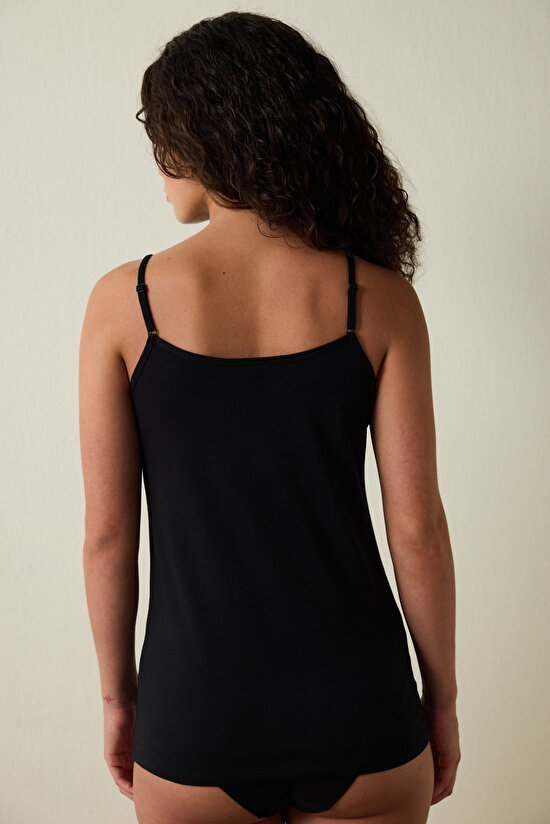 Siyah V Yaka Ayarlanabilir Askılı Pamuklu Atlet - 4