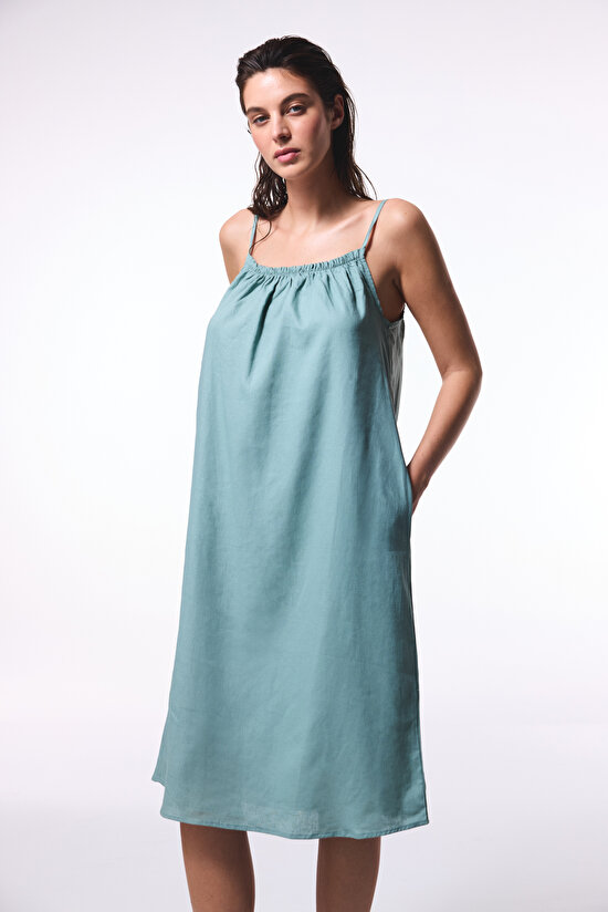 Açık Yeşil Natural Keten Kare Yaka Maxi Elbise - 5