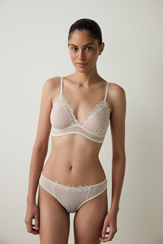 Beige Embroidered Mesh Non-wired Non-Padded Triangle Bra - 3