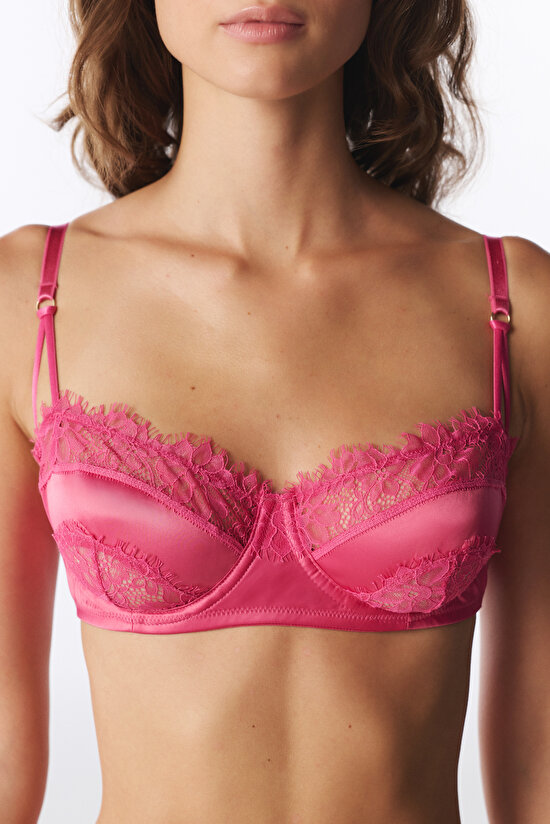 Fuchsia Satin Lace Trim Underwired Bra - 3