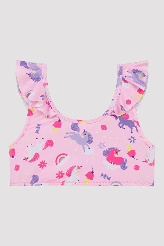 Kız Çocuk Unicorn Desenli Fırfırlı Halter Bikini Takımı - 2