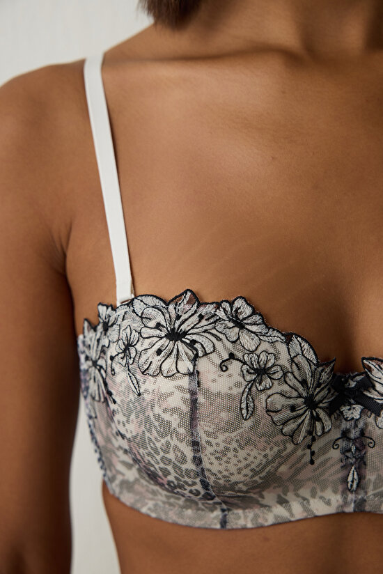 Leopard Patterned Lotus Embroidery Underwire Non-Padded Strapless Bra - 3