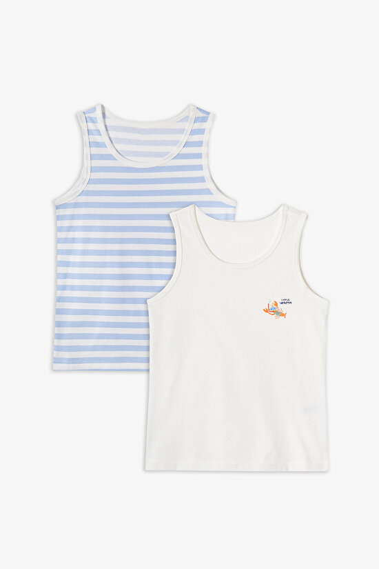 Kırık Beyaz Erkek Çocuk Çizgili Crab Pamuklu 2'li Atlet - 1