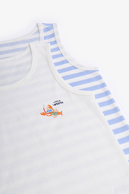 Kırık Beyaz Erkek Çocuk Çizgili Crab Pamuklu 2'li Atlet - 4