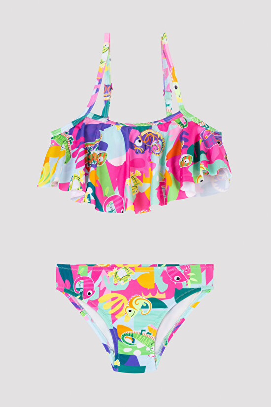 Kız Çocuk Tropik Fırfırlı Bandeau Bikini Takımı - 1