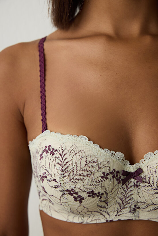 Beige Lotus Lace Underwire Non-Padded Strapless Minimizer Bra - 4