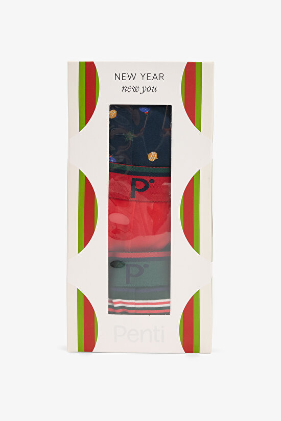 Erkek Yeni Yıl Desenli Orta Bel 3'lü Boxer - 6