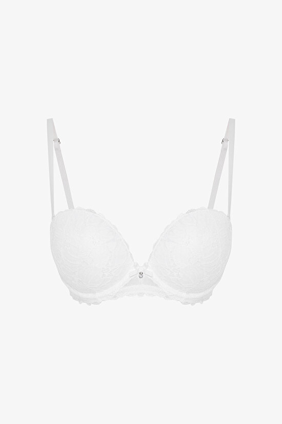Kırık Beyaz Heart Lace Çiçek Desenli Tokalı  Push Up Straplez Sütyen - 6