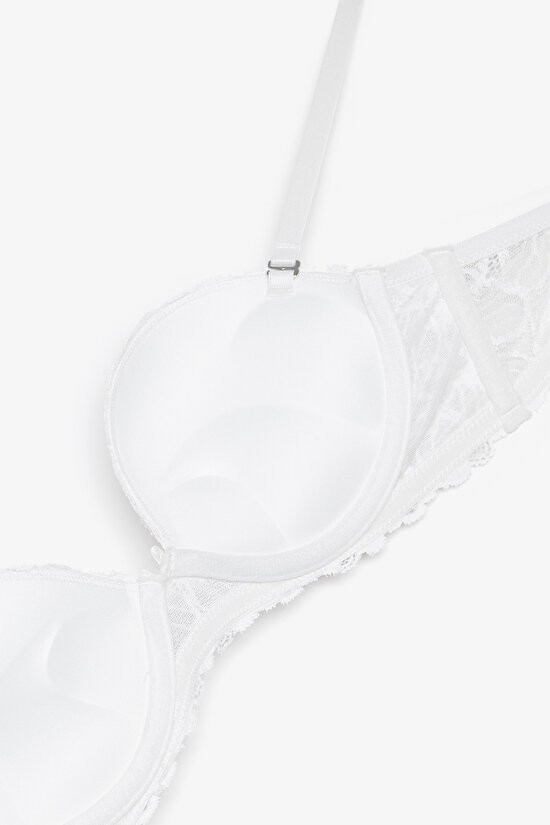 Kırık Beyaz Heart Lace Çiçek Desenli Tokalı  Push Up Straplez Sütyen - 7