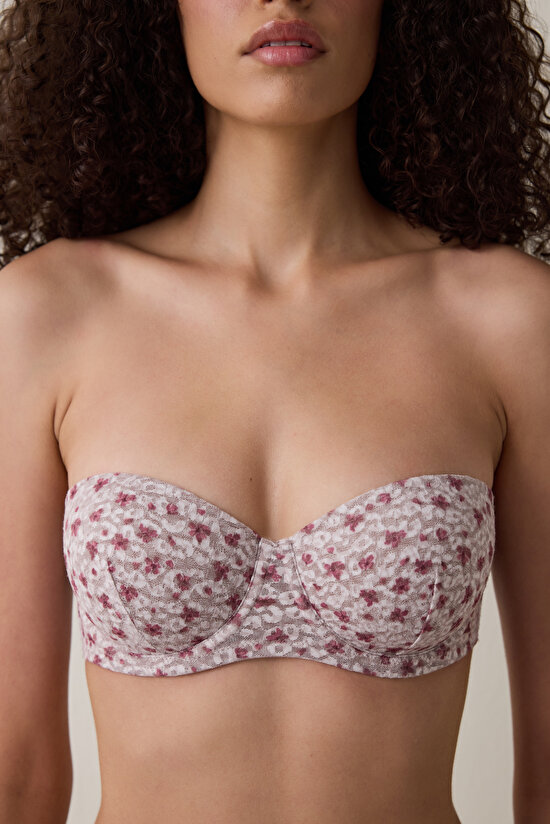 Beige Bloom Floral Patterned Lace Underwire Push Up Bra - 3