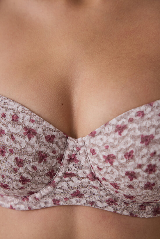 Beige Bloom Floral Patterned Lace Underwire Push Up Bra - 4