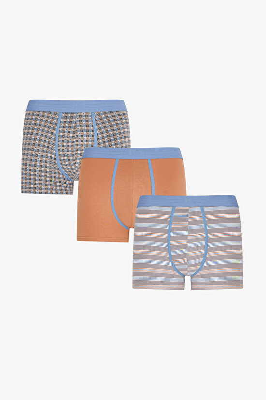 Erkek Grid Çizgili 3'lü Boxer - 1