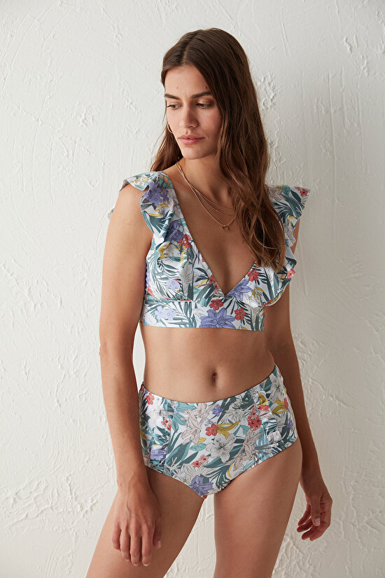 Çok Renkli Dream Garden Çiçek Desenli Fırfır Detaylı Bikini Üstü - 4