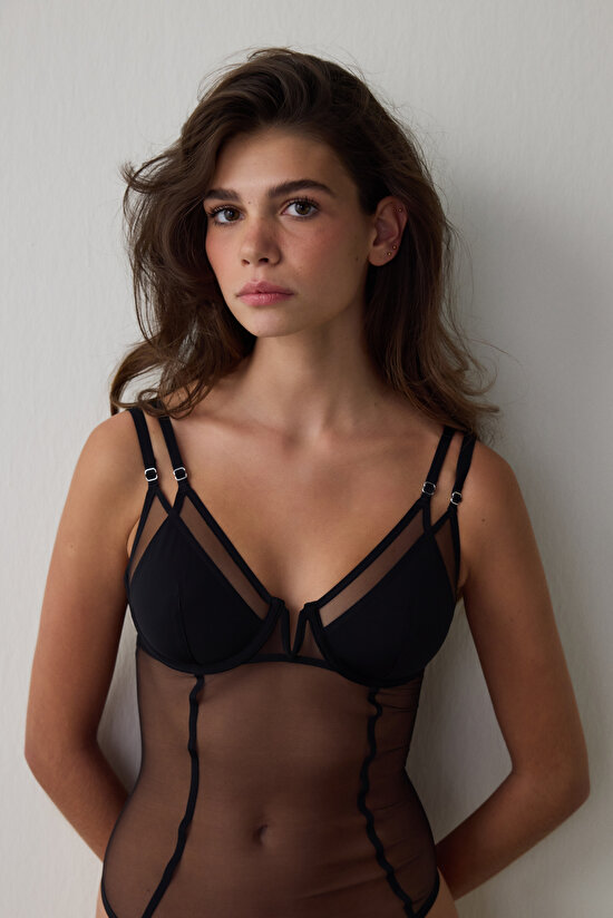 Black Adjustable Strap Underwire Tulle Bodysuit - 4