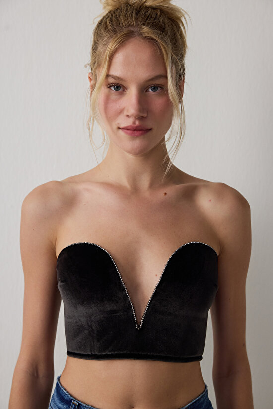 Black Deep V Velvet Bustier - 3
