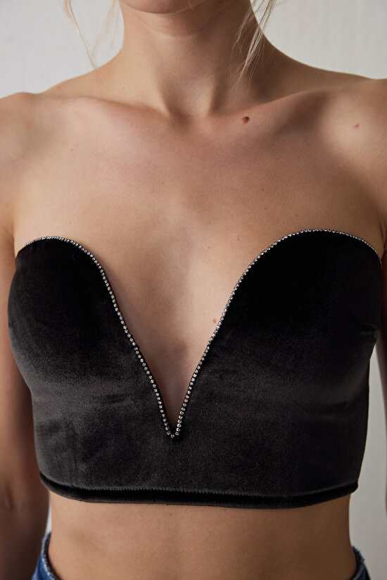 Black Deep V Velvet Bustier - 4