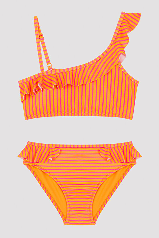 Çok Renkli Kız Çocuk Çizgili Fırfırlı Tek Omuz Bikini Takımı - 1