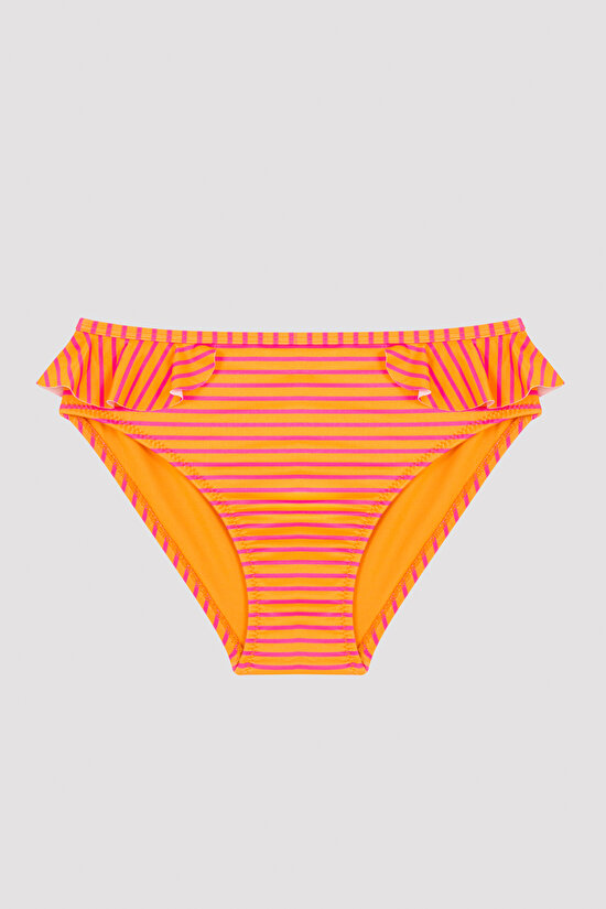 Çok Renkli Kız Çocuk Çizgili Fırfırlı Tek Omuz Bikini Takımı - 3