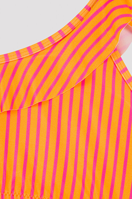 Çok Renkli Kız Çocuk Çizgili Fırfırlı Tek Omuz Bikini Takımı - 4