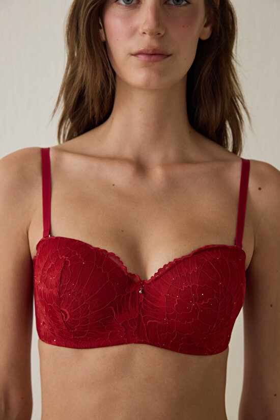 Kırmızı Lotus Sequin Lace Sütyen - 2