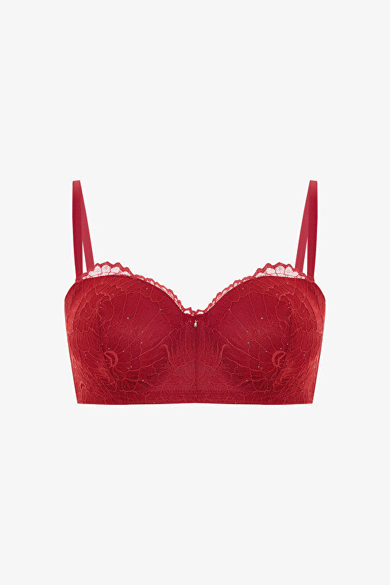 Kırmızı Lotus Sequin Lace Sütyen - 5