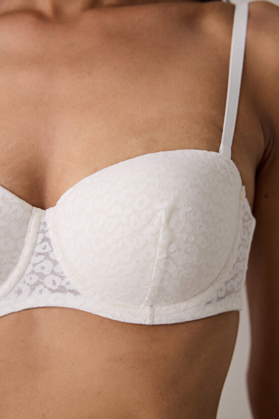 Ekru Bloom Çiçekli Dantelli Balenli Straplez Sütyen - 3