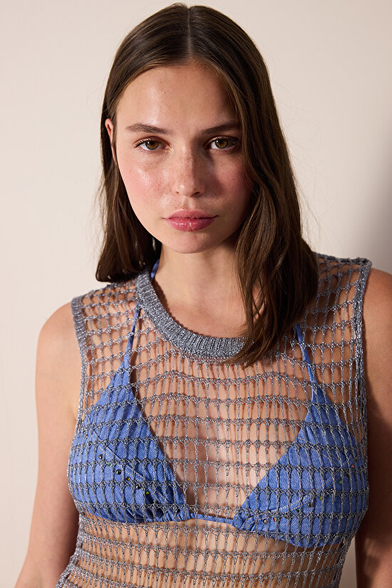 Shiny Fishnet Silver Color Dress - Gamze Erçel Collection - 5