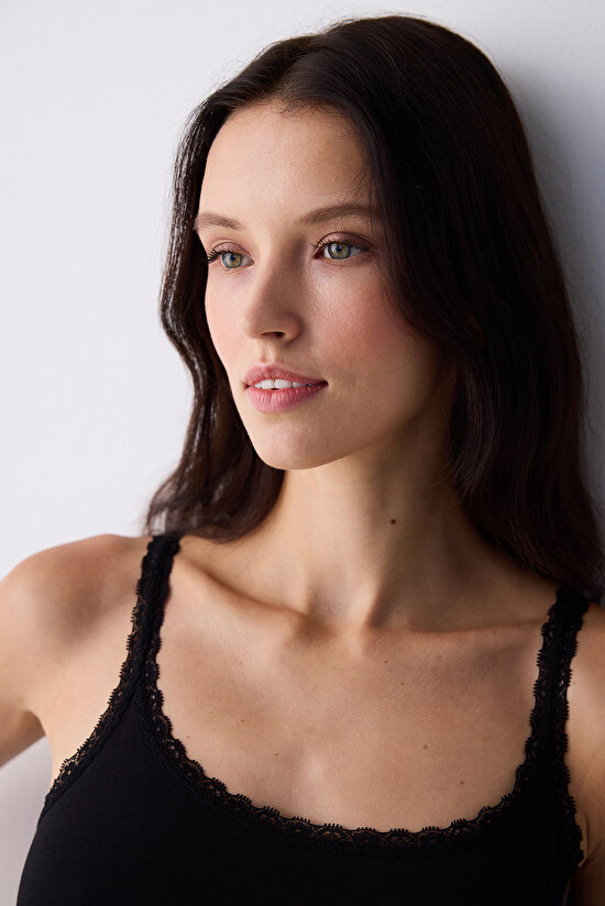 Cotton Lace Dantel Siyah Cami Atlet - 4