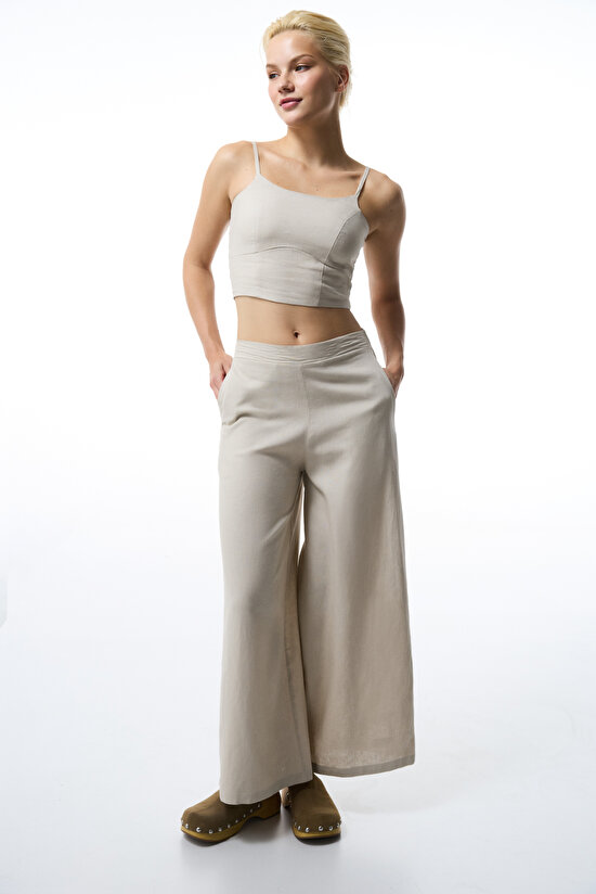 Taş Rengi Luna Keten Crop Top Üst Taş Rengi Luna Keten Crop Top Üst - 3