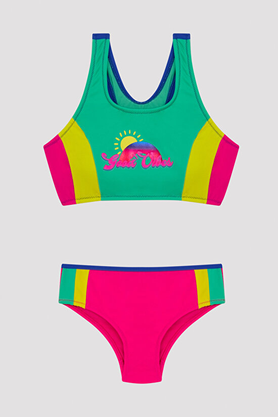 Girls Colorful Block Halter Bikini Set - 1