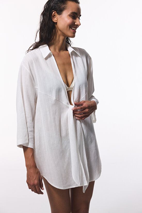 Beyaz Sienna V Yaka Midi Oversize Gömlek - 4