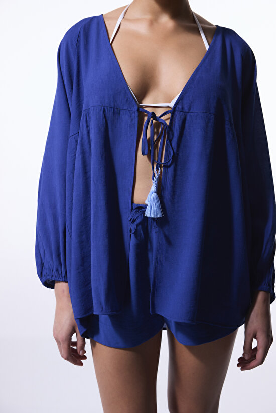 Lacivert Freya Crinckle Kısa Kol V Yaka Midi Kimono - 4