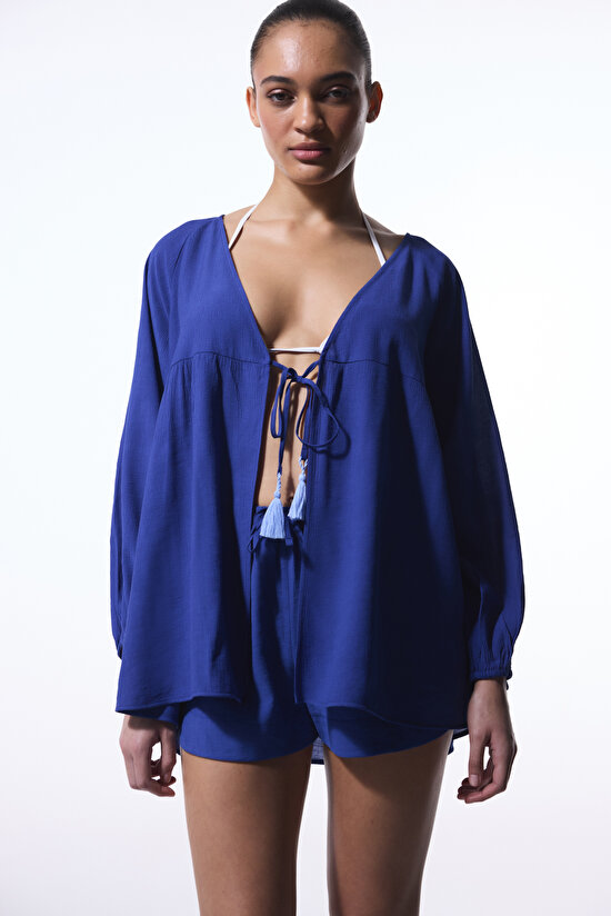 Lacivert Freya Crinckle Kısa Kol V Yaka Midi Kimono - 5